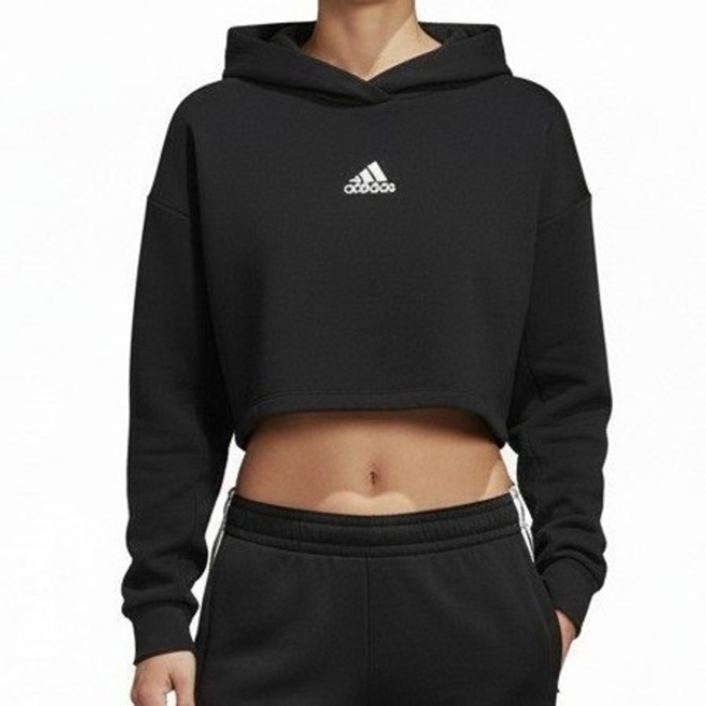 Adidas‎ Womens Hoodie Black Cropped Fleece Pullover Logo Athleisure Small